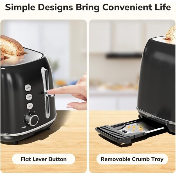 2SliceToaster Retro Stainless black Steel Toaster with Bagel Bread Shade Setting - Picture 5 of 6